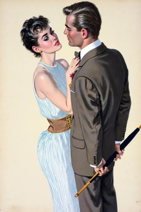 cobyw1 illustration
A romantic scene between a man and a woman. The woman, on the left, has short, styled dark hair and is wearing a sleeveless, white dress with vertical blue stripes, cinched at the waist with a wide brown belt. The man is shown in profile, holding a black umbrella behind his back. <lora:cobyw1_cap_d6a3e12:1.0><lora:818767435739096019:0>