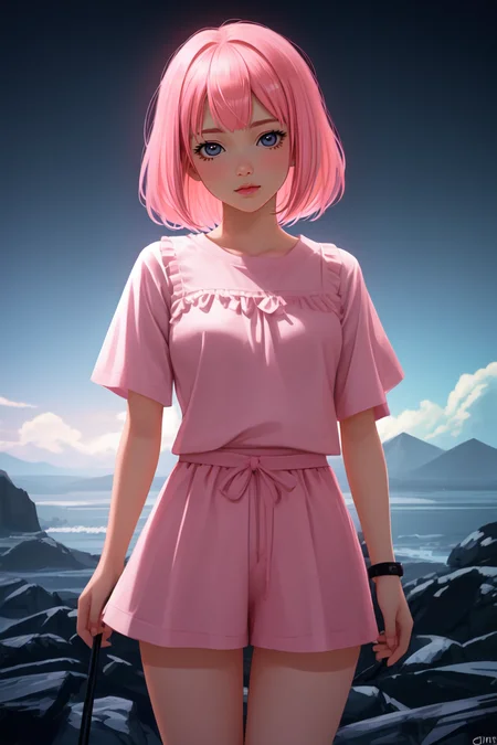 1girl, close-up, ilya kuvshinov illustration of a cute young girl with pink hair and bangs in her hair wearing a low cut blouse and short shorts, by makoto shinkai, ilya kuvshinov, james gilleard, atey ghailan, lois van baarle, rossdraws, basquiat, sam yang. trending on artstation, pixiv, digital art, anime masterpiece, dynamic lighting, beautiful aesthetic, 4k, award winning, hd, <lora:Mild detail adjusterV10:0.2>, (masterpiece, best quality, absurdres, detailed, ultra-detailed:1.3), <lora:lcm-lora-sdv1-5:0.7>