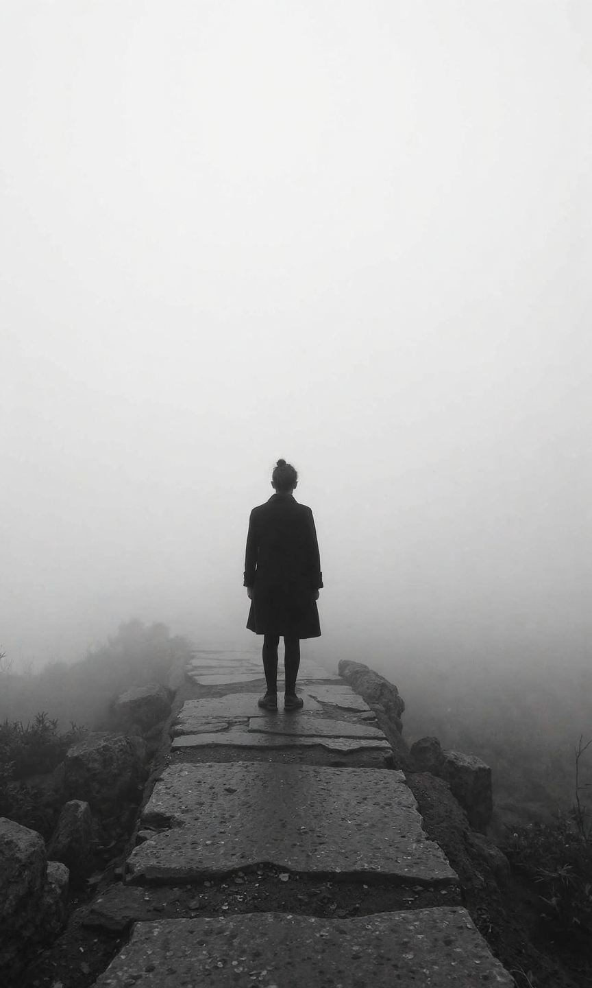Vertical full shot camera view, grayscale photography style with soft and diffused coloring, a silhouette of a person is appearing from the subject, body pose is standing on a stone pathway with their back to the camera, facing away into a misty distance, the body is positioned at the end of a stone path, looking straight ahead into the heavy mist, the image is made of black and white photo with soft gradients and blurred details due to mist, there are elongated shapes from the stone pathway and the vertical human figure, and undefined misty shapes filling the background, makeup, hairstyle, and makeups are not applicable, clothes are dark coat and pants of the figure in silhouette, and as accessories there are no visible accessories, background is solid white heavy mist filling the sky and horizon, and soft lighting is extremely diffused by the mist, creating a very low contrast scene with minimal shadows, the light source is completely obscured by the mist, resulting in an almost uniform soft illumination, the overall scene is monochromatic and ethereal, emphasizing the sense of isolation and mystery in the dense mist and the solitary figure on the pathway., <lora:FLUX-daubrez-DB4RZ-v2:0.35> DB4RZ, DB4RZ style painting
<lora:MoriiMee_Gothic_Niji_Style__FLUX_LoRA_Test_2:0.35>