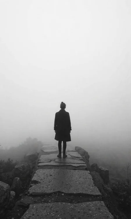 Vertical full shot camera view, grayscale photography style with soft and diffused coloring, a silhouette of a person is appearing from the subject, body pose is standing on a stone pathway with their back to the camera, facing away into a misty distance, the body is positioned at the end of a stone path, looking straight ahead into the heavy mist, the image is made of black and white photo with soft gradients and blurred details due to mist, there are elongated shapes from the stone pathway and the vertical human figure, and undefined misty shapes filling the background, makeup, hairstyle, and makeups are not applicable, clothes are dark coat and pants of the figure in silhouette, and as accessories there are no visible accessories, background is solid white heavy mist filling the sky and horizon, and soft lighting is extremely diffused by the mist, creating a very low contrast scene with minimal shadows, the light source is completely obscured by the mist, resulting in an almost uniform soft illumination, the overall scene is monochromatic and ethereal, emphasizing the sense of isolation and mystery in the dense mist and the solitary figure on the pathway., <lora:FLUX-daubrez-DB4RZ-v2:0.35> DB4RZ, DB4RZ style painting
<lora:MoriiMee_Gothic_Niji_Style__FLUX_LoRA_Test_2:0.35>