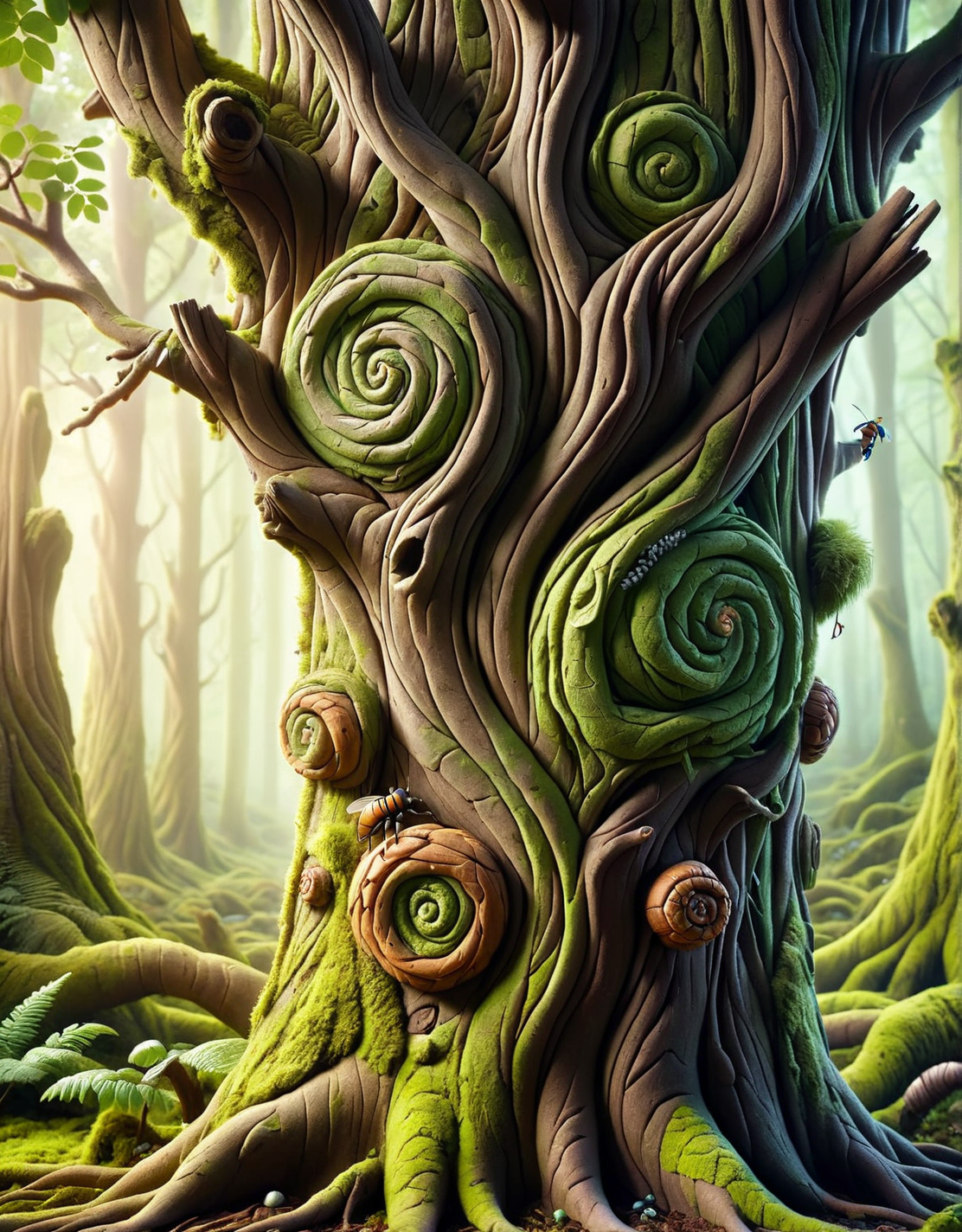 ais-hppycly a close-up of a gnarled tree trunk with moss and hidden insects <lora:ais-hppycly-sdxl:1>