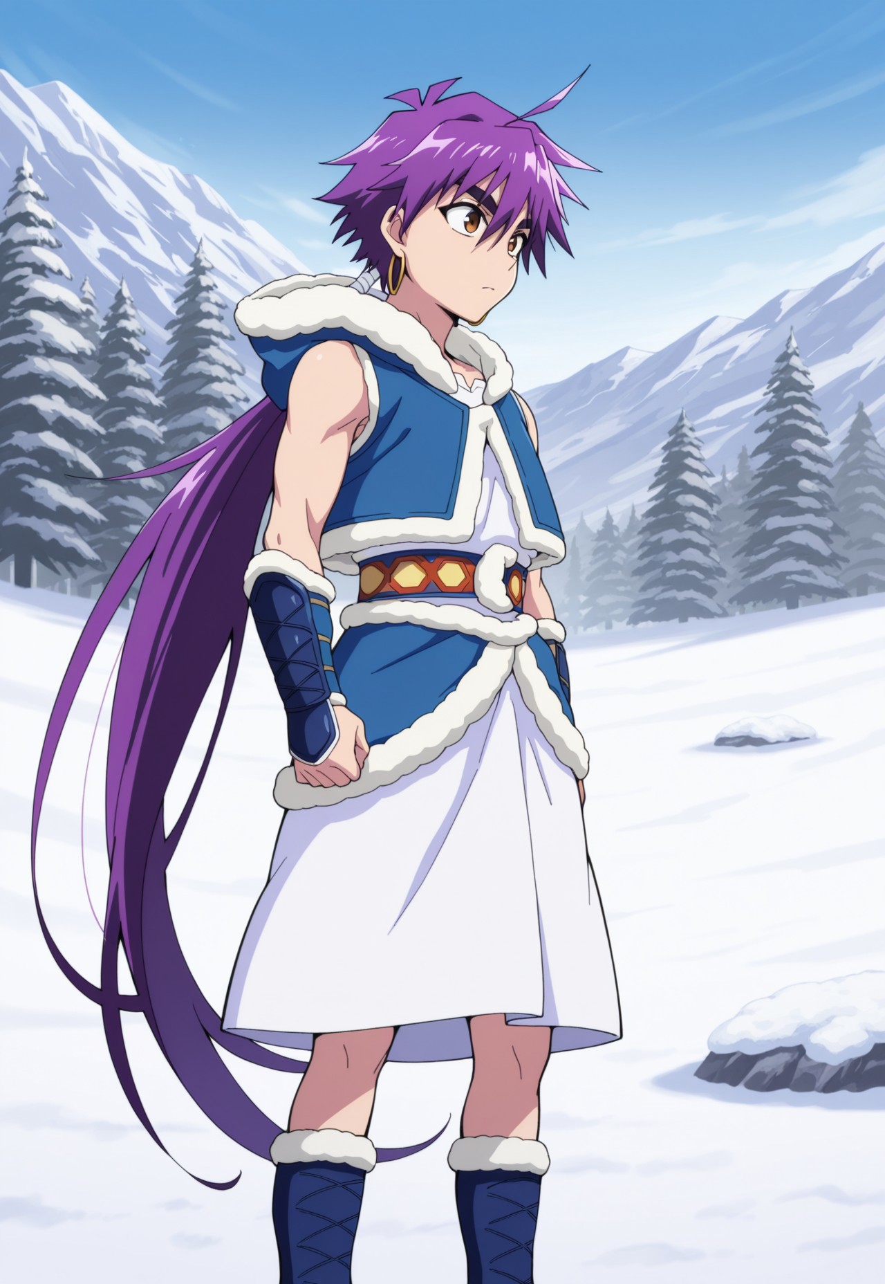 masterpiece,best quality,amazing quality, source_anime, 

Shindobaddo, 1boy, male focus, solo, brown eyes, purple hair, long hair, ponytail, hoop earrings, hood, fur trim, white tunic, blue jacket, sleeveless, wrist guards, boots, fur-trimmedboots, blue footwear, outdoor, snow,