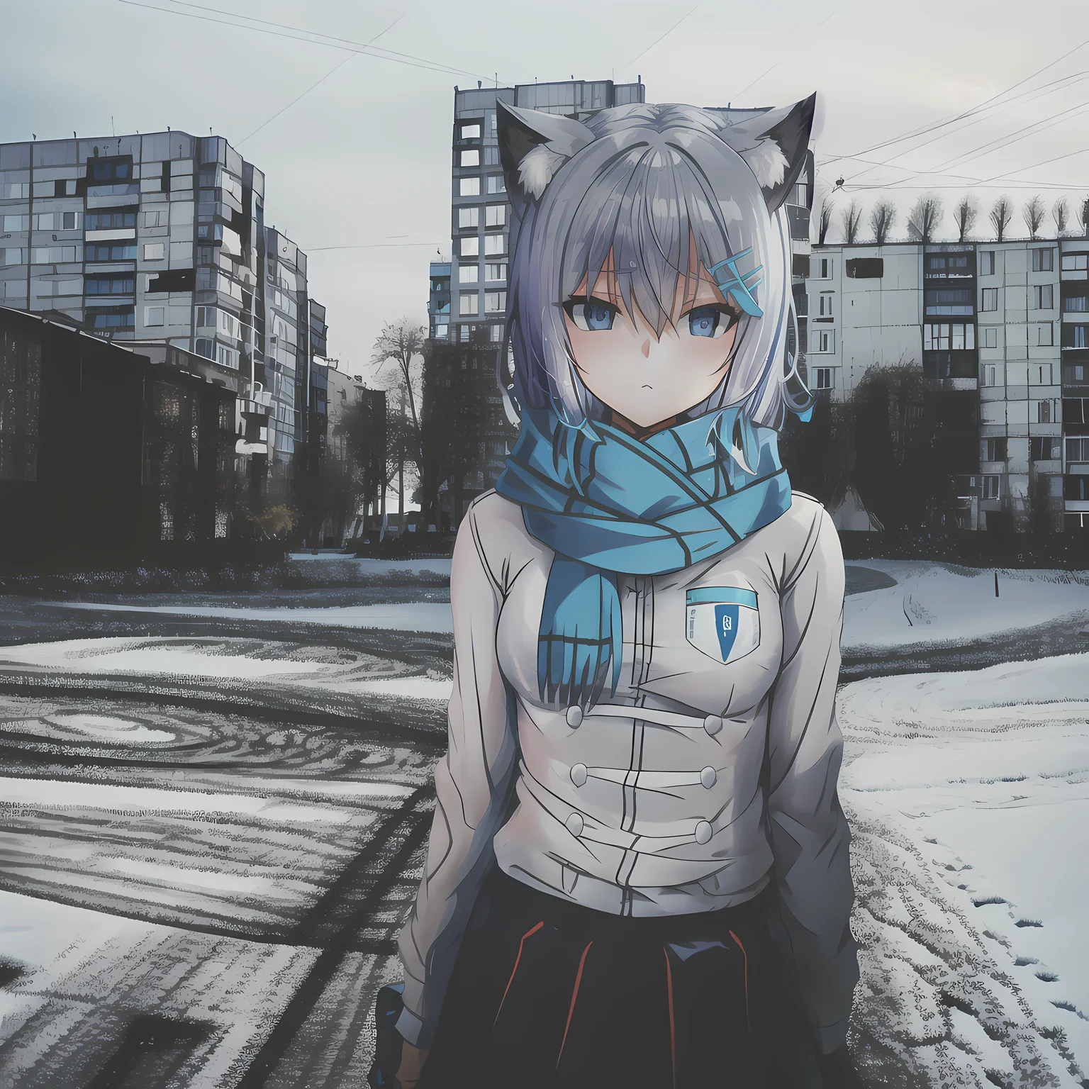 1girl, ebenya, looking at viewer, white hair, neko, cat ears, cat tail, white shirt, open clothes, russian city, ba-shiroko