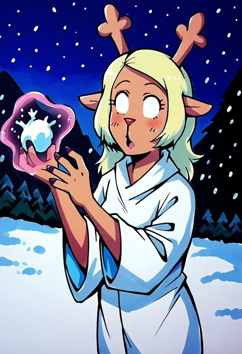 Bpb1,Detailed,Traditional media,Score_9, score_8_up, score_7_up, score_6_up,1girl,solo,( noelle_darkworld:1.2),white robe, deer ears, cowboy shot, outdoors ,night, dutch angle,ice,snow, (blizzard,blowing snow),anthro reindeer, empty eyes, mouth open,in a transe,levitating, arms raised and extended,(near a giant ice crystal:1.2), magic