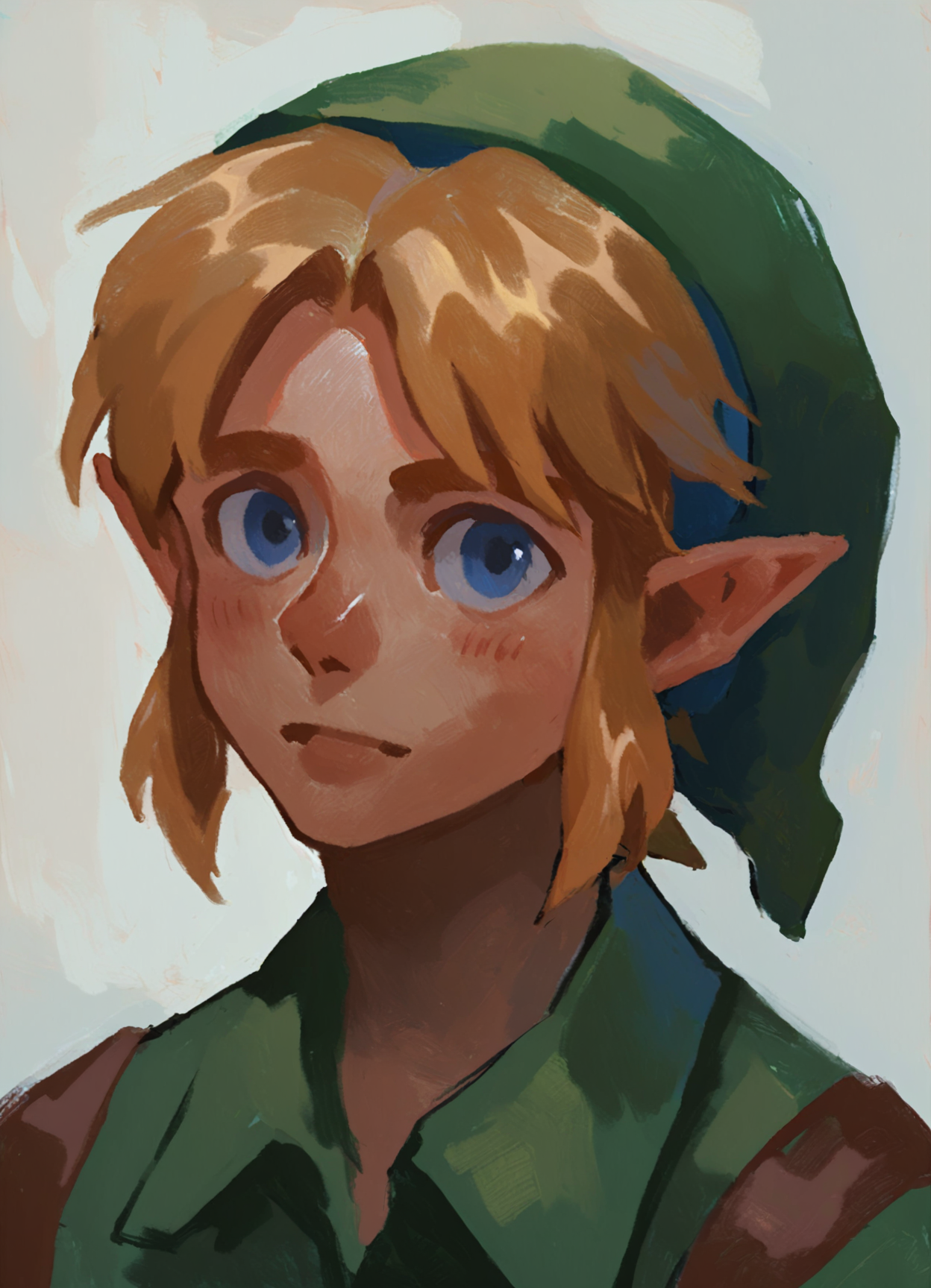 score_9, score_8_up, score_7_up, score_6_up, score_5_up, score_4_up, faux traditional media, painterly, portrait, 1boy, solo, young link, short hair, blonde hair, blue eyes, collared shirt, green tunic, green hat, pointy ears