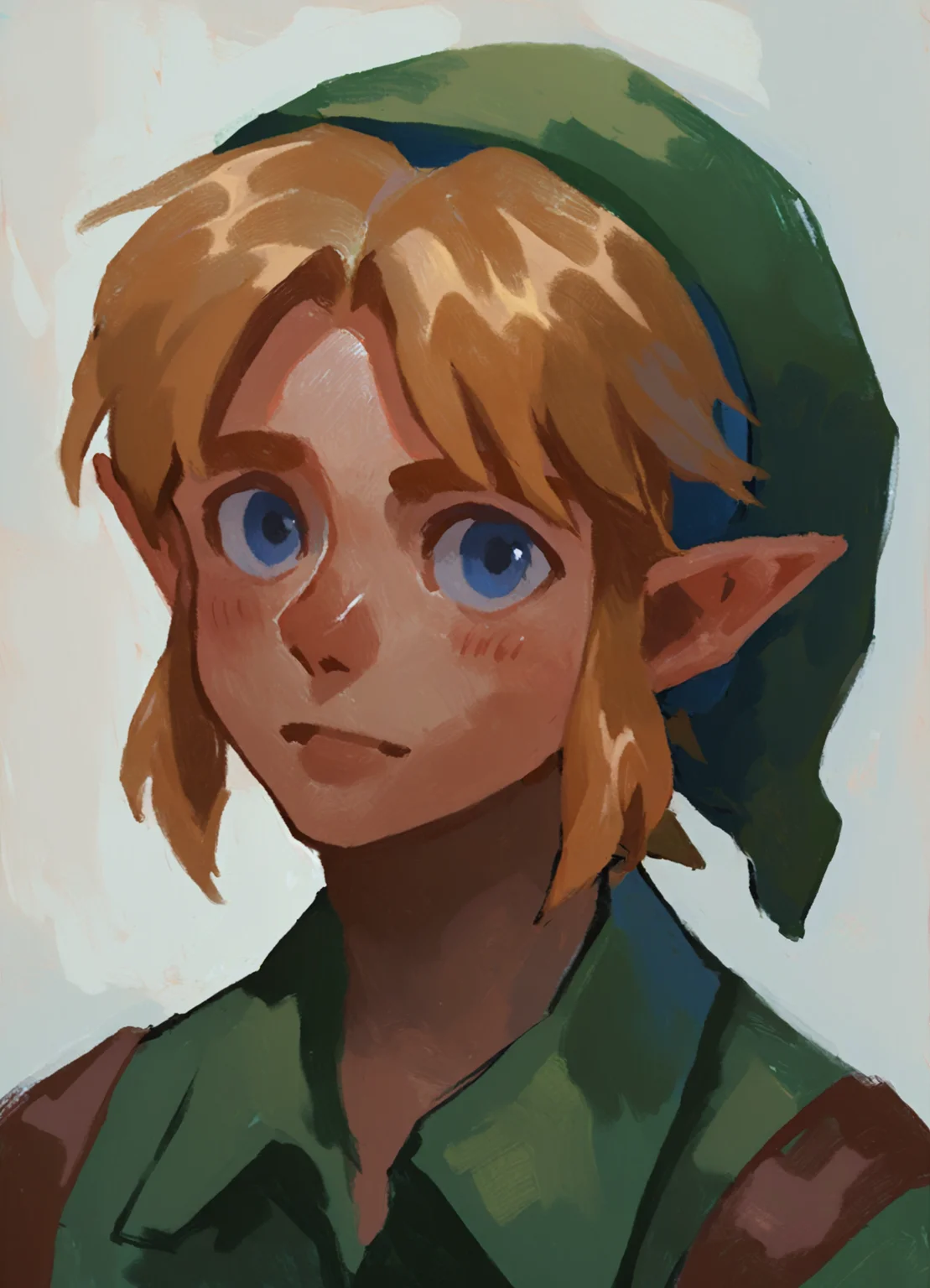 score_9, score_8_up, score_7_up, score_6_up, score_5_up, score_4_up, faux traditional media, painterly, portrait, 1boy, solo, young link, short hair, blonde hair, blue eyes, collared shirt, green tunic, green hat, pointy ears