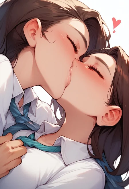 score_9,score_8_up, score_7_up, source_anime, 1girl, 1boy, intense kiss, deep kiss, kiss, collared shirt, stockings, pencil skirt, office lady, office boss, close up, dutch angle