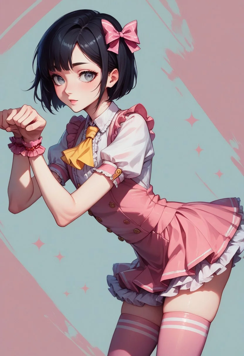 score_9, score_8_up, score_7_up, 1boy, femboy, otoko no ko, short hair, bob cut hair, black hair, grey eyes, gray eyes, feminine face, toned body, Shelly, frilled white shirt, short sleeves, buttons, ascot, pink mini skirt, pink mini-skirt, thighhighs, pink thighhighs, thigh bows, hair bow, highly detailed, intricate, zzCitronCAT, cute pose, leaning forward, side view, modelshoot, abstract background, cowboy shot, solo