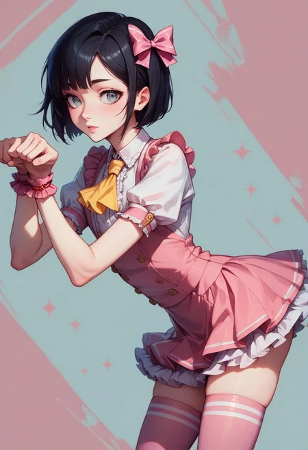 score_9, score_8_up, score_7_up, 1boy, femboy, otoko no ko, short hair, bob cut hair, black hair, grey eyes, gray eyes, feminine face, toned body, Shelly, frilled white shirt, short sleeves, buttons, ascot, pink mini skirt, pink mini-skirt, thighhighs, pink thighhighs, thigh bows, hair bow, highly detailed, intricate, zzCitronCAT, cute pose, leaning forward, side view, modelshoot, abstract background, cowboy shot, solo