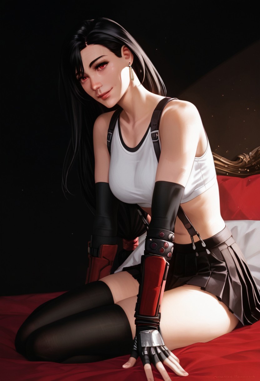 score_9, score_8_up, score_7_up, masterpiece, high quality, ultra detailed, absurdres, Expressiveh,  negative_hand, DimaStyle BREAK 1girl, solo, tifa lockhart, red eyes, black hair, low-tied long hair, earrings, (white sports bra, black suspenders, black pleated miniskirt, black thighhighs, arm guards, elbow gloves, fingerless gloves, red boots), skinny, slim figure, youthful face, medium breasts, sexy stomach, volumetric light, ray tracing, cinematic shadows, backlighting, cinematic lighting, close-up, closeup, sexy pose, Expressiveh , g0thicPXL, looking at viewer, ached back, dynamic shadows, at night, night, nighttime, bedroom, shy smile, playing with hair