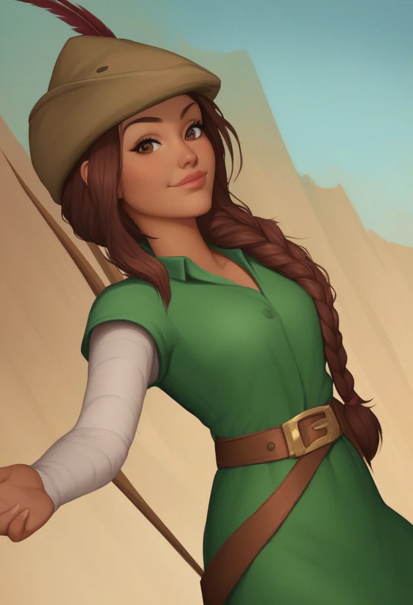 score_9, score_8_up, score_7_up, 1girl, solo, carol_of_the_arrow, brown hair, brown eyes, dark skin, braid, long hair, belt, hat, green tunic, green tights, dynamic posing, dynamic angle, looking at viewer, light smile, simple background