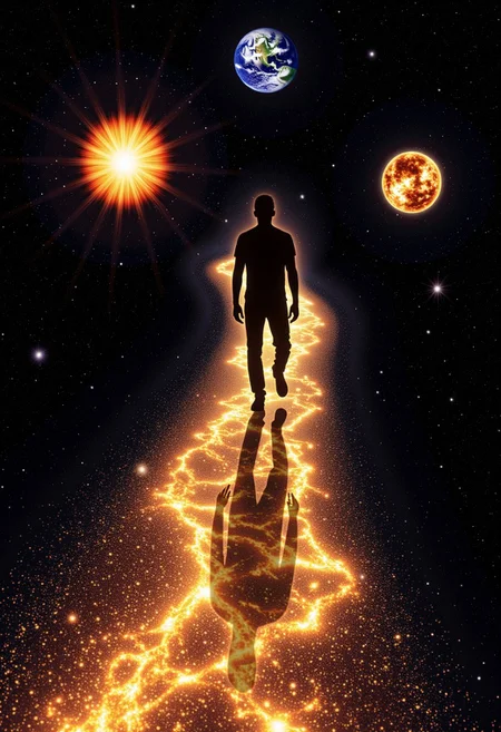 The silhouette of a male person is walking along a trail made of specks of star dust within space. The trail isn't straight. He is the center of the image. He walks past planets that get destroyed in different ways. It should appear like the person walking along the trail is responsible for or at least connected to the destruction of the planets. There are four planets in the image. Two before him and two past him. The two planets before him are exploding or imploding. The two planets behind him are craking open and falling apart.
The image is made in a high-resolution realistic fantasy style. The image should have the qualities of wallpaper.
masterpiece, 32k,