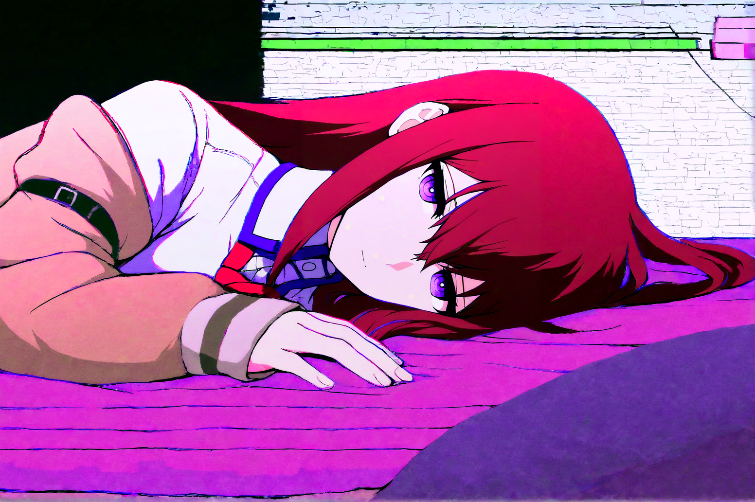 makise kurisu, steins;gate, main outfit,  by iriedono, pixelated, glitch art, vaporwave, detailed, masterpiece, best quality on bed, closed mouth, masterpiece, best quality, highres, absurdres, full body, lying down,  <lora:JN_Makise_Kurisu_IL:0.8>