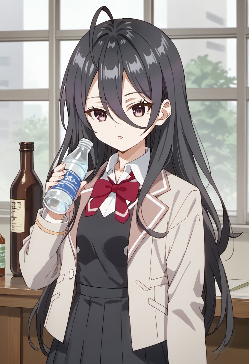 score_9, score_8_up, score_7_up, source_anime, ayano kimishima, long hair, black hair, hair between eyes, purple eyes, 1girl, solo, school uniform, bottle, holding, bow, holding bottle, ahoge, jacket, indoors, bowtie, red bow