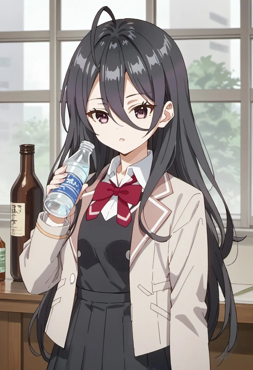 score_9, score_8_up, score_7_up, source_anime, ayano kimishima, long hair, black hair, hair between eyes, purple eyes, 1girl, solo, school uniform, bottle, holding, bow, holding bottle, ahoge, jacket, indoors, bowtie, red bow