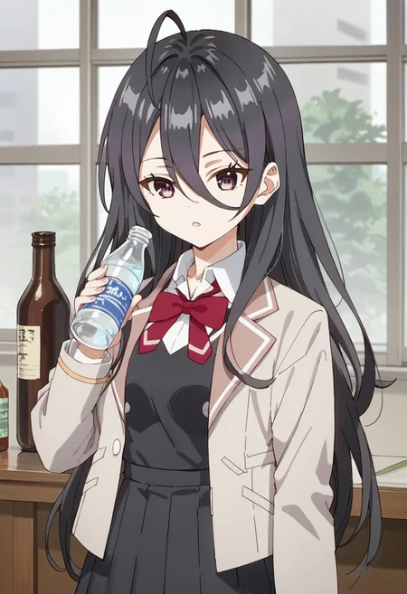 score_9, score_8_up, score_7_up, source_anime, ayano kimishima, long hair, black hair, hair between eyes, purple eyes, 1girl, solo, school uniform, bottle, holding, bow, holding bottle, ahoge, jacket, indoors, bowtie, red bow