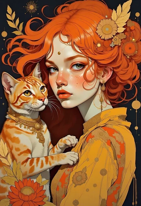 A redhead woman with a ginger cat, hints of red and amber, african tribal elements, gold jewellery, ethereal mysterious, masterpiece, intricate details