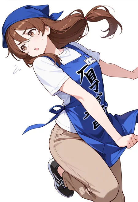 masterpiece,high quality details, absurdres,
 <lora:Natsuno_Yamada:0.8>
natsuno_cnr, 1girl, brown hair, long hair, hair between eyes, brown eyes, thick eyebrows,low-tied long hair,
employee uniform, white shirt, short sleeves,blue apron,brown pants, blue headwear,black sneakers, clothes writing,, simple background, white background, dutch angle,solo,, excited,raised eyebrow,, relaxed expression,dynamic pose,one leg extended forward,
