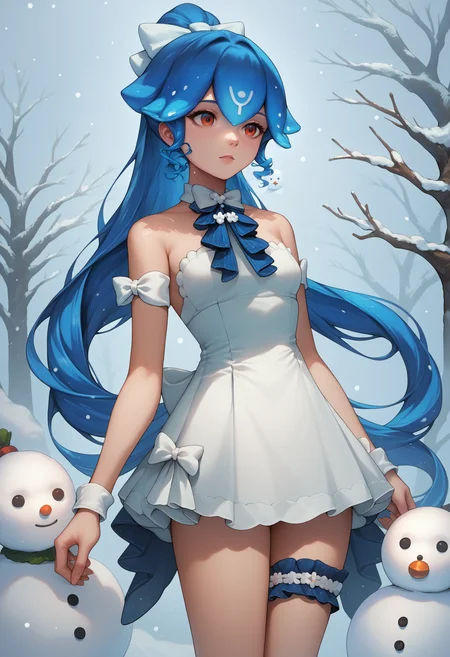 score_9, score_8_up, score_7_up, source_anime, 1girl, solo, <lora:Bao_XLPD:1>, outdoors, winter, snowing, snowman, BaoWinter, blue hair, liquid hair, ponytail, bangs, long hair, hair bow, white dress, short dress, short skirt, white bow, bare shoulders, thighs, bridal garter