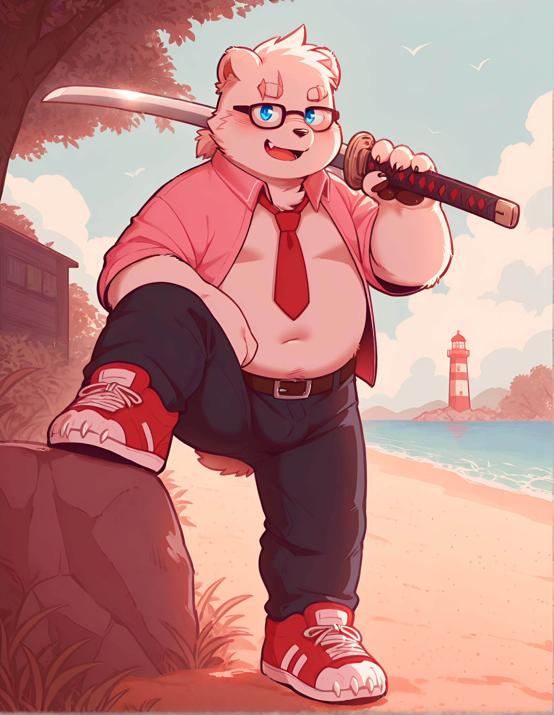 wolfsoul,masterpiece, best quality, amazing quality,Sharp focus,UHD,High quality,64k,8k,Atmospheric,Sharp focus,UHD,solo, looking_at_viewer, open_mouth, short_hair, simple_background, shirt, 1boy, holding, animal_ears, standing, white_shirt, full_body, monochrome, male_focus, weapon, necktie, collared_shirt, barefoot, glasses, pants, belt, fang, sword, grey_background, holding_weapon, black_pants, fangs, holding_sword, thick_eyebrows, bara, katana, furry, sheath, claws, sleeves_rolled_up, spot_color, pocket, black-framed_eyewear, plump, sheathed, furry_male, breast_pocket, white_fur, belly, scabbard, over_shoulder, fat, striped_necktie, bear_ears, weapon_over_shoulder, fat_man, loose_necktie, bear, unsheathed, over-rim_eyewear, holding_sheath, sword_over_shoulder, salaryman, sharp_toenails, polar_bear, bear_boysolo, looking_at_viewer, blush, blue_eyes, 1boy, navel, animal_ears, closed_mouth, standing, blue_hair, jacket, male_focus, ponytail, outdoors, open_clothes, sky, shoes, glasses, pants, day, midriff, cloud, water, open_jacket, blue_sky, black_pants, scar, ocean, thick_eyebrows, beach, sunglasses, leg_up, standing_on_one_leg, grass, bara, sneakers, furry, scar_on_face, bulge, black-framed_eyewear, plump, furry_female, sports_bra, furry_male, sand, pink_footwear, pink_jacket, horizon, leg_lift, tinted_eyewear, white_fur, belly, scar_on_cheek, animal_nose, fat, split, black_sports_bra, bear_ears, standing_split, snout, fat_man, yoga_pants, orange-tinted_eyewear, bear_girl, lighthouse, bear_boyoutdoors, sky, day, cloud, water, blue_sky, tree, no_humans, bird, ocean, beach, grass, building, scenery, rock, door, horizon, bush, house, shore, lighthousesolo, looking_at_viewer, smile, open_mouth, short_hair, 1boy, animal_ears, sitting, tail, full_body, male_focus, weapon, japanese_clothes, sword, kimono, thick_eyebrows, bara, furry, dog_ears, claws, furry_male, green_kimono, dog_boy
