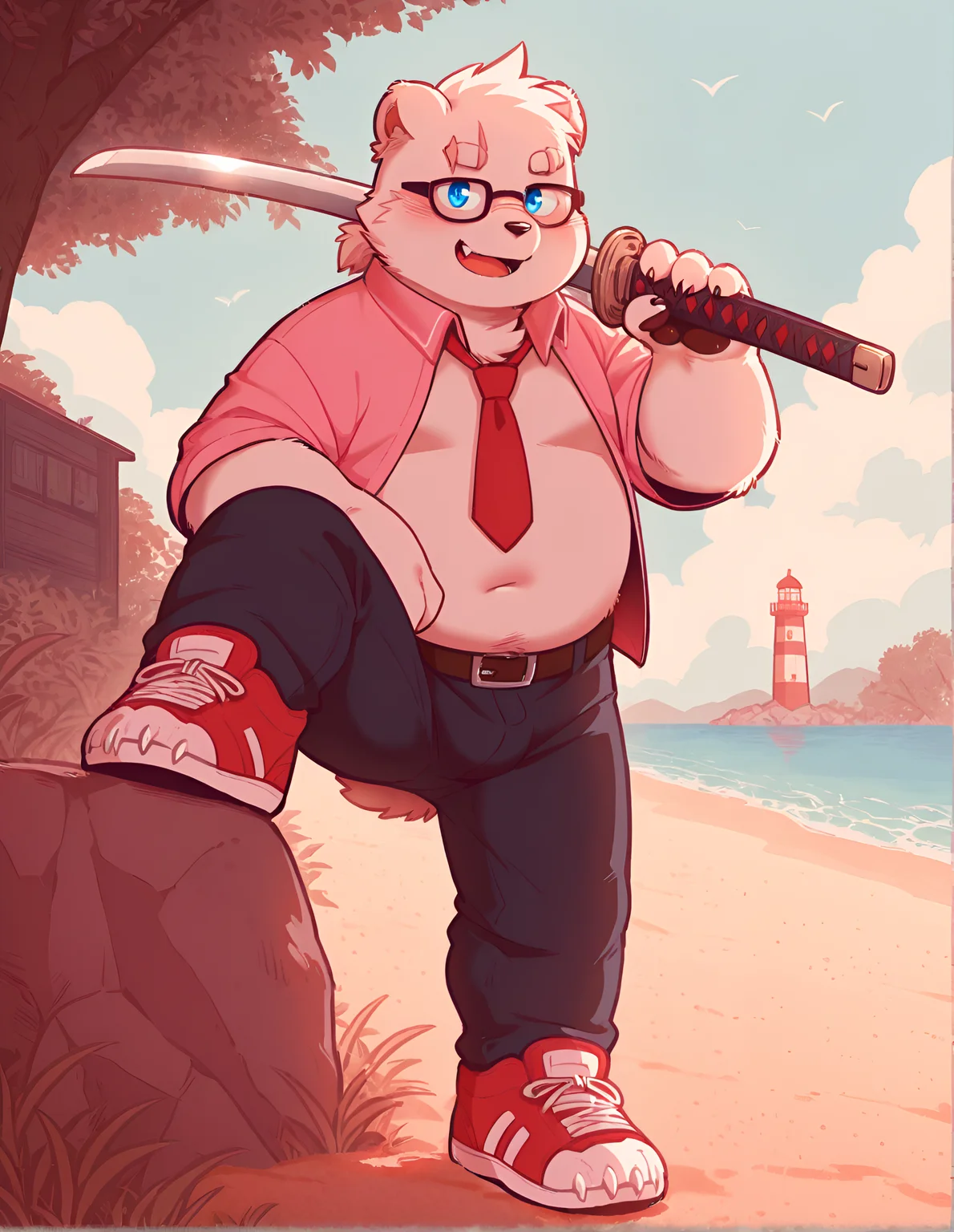 wolfsoul,masterpiece, best quality, amazing quality,Sharp focus,UHD,High quality,64k,8k,Atmospheric,Sharp focus,UHD,solo, looking_at_viewer, open_mouth, short_hair, simple_background, shirt, 1boy, holding, animal_ears, standing, white_shirt, full_body, monochrome, male_focus, weapon, necktie, collared_shirt, barefoot, glasses, pants, belt, fang, sword, grey_background, holding_weapon, black_pants, fangs, holding_sword, thick_eyebrows, bara, katana, furry, sheath, claws, sleeves_rolled_up, spot_color, pocket, black-framed_eyewear, plump, sheathed, furry_male, breast_pocket, white_fur, belly, scabbard, over_shoulder, fat, striped_necktie, bear_ears, weapon_over_shoulder, fat_man, loose_necktie, bear, unsheathed, over-rim_eyewear, holding_sheath, sword_over_shoulder, salaryman, sharp_toenails, polar_bear, bear_boysolo, looking_at_viewer, blush, blue_eyes, 1boy, navel, animal_ears, closed_mouth, standing, blue_hair, jacket, male_focus, ponytail, outdoors, open_clothes, sky, shoes, glasses, pants, day, midriff, cloud, water, open_jacket, blue_sky, black_pants, scar, ocean, thick_eyebrows, beach, sunglasses, leg_up, standing_on_one_leg, grass, bara, sneakers, furry, scar_on_face, bulge, black-framed_eyewear, plump, furry_female, sports_bra, furry_male, sand, pink_footwear, pink_jacket, horizon, leg_lift, tinted_eyewear, white_fur, belly, scar_on_cheek, animal_nose, fat, split, black_sports_bra, bear_ears, standing_split, snout, fat_man, yoga_pants, orange-tinted_eyewear, bear_girl, lighthouse, bear_boyoutdoors, sky, day, cloud, water, blue_sky, tree, no_humans, bird, ocean, beach, grass, building, scenery, rock, door, horizon, bush, house, shore, lighthousesolo, looking_at_viewer, smile, open_mouth, short_hair, 1boy, animal_ears, sitting, tail, full_body, male_focus, weapon, japanese_clothes, sword, kimono, thick_eyebrows, bara, furry, dog_ears, claws, furry_male, green_kimono, dog_boy
