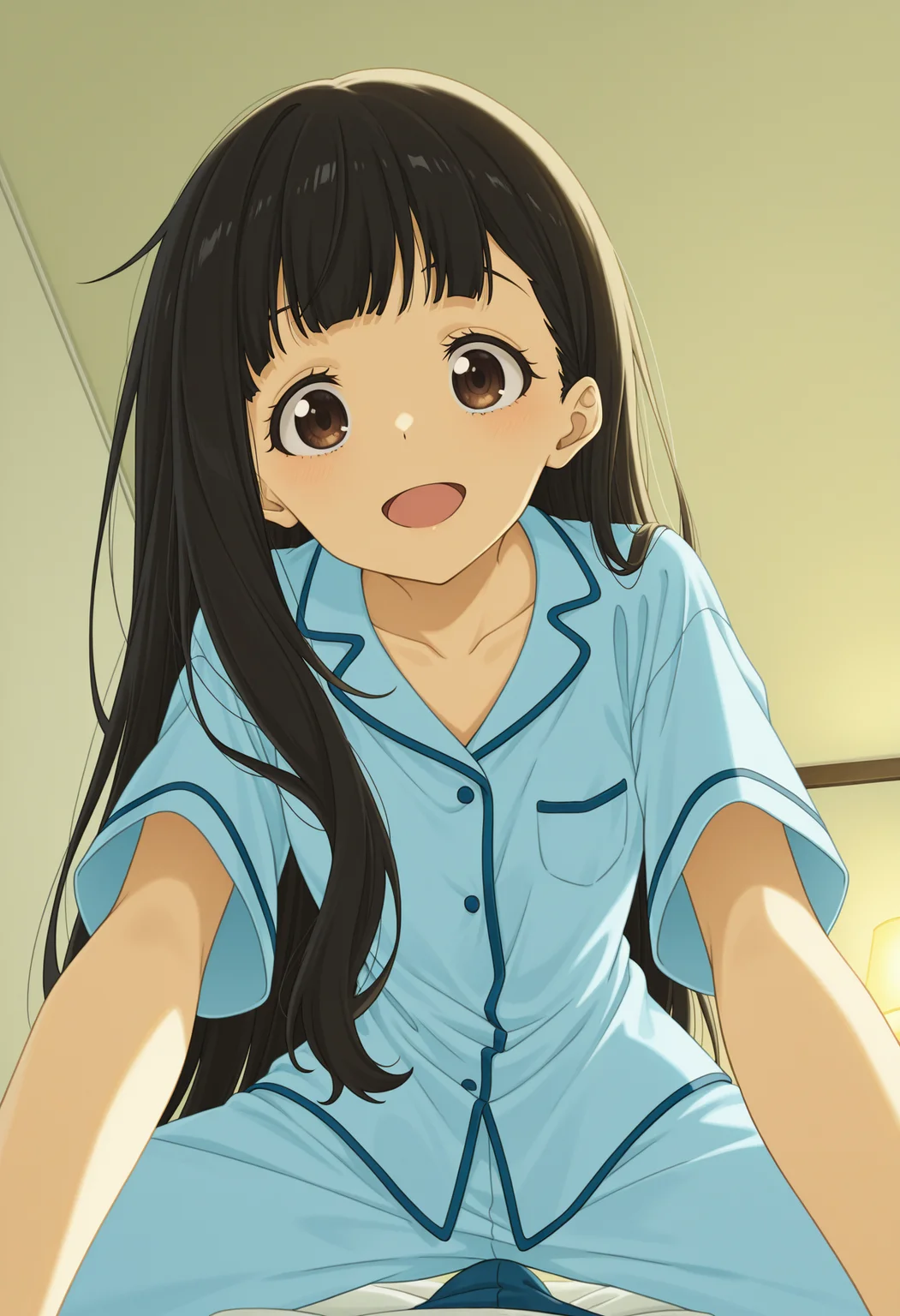 <lora:nukumizu_kaju_illustrious-000024:1>,
TMLH_NK,1girl,solo,2D,a, long hair,blue pajamas,black hair,smile,brown eyes,short sleeves,closed mouth,blue pants,pants,simple_background,white_background,bed,white bed,front view,spread legs,straddling,pov,open mouth,ceiling,lamp,leaning_forward