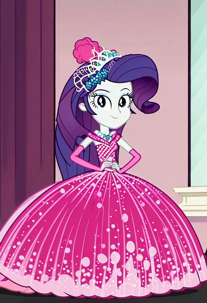 1girl, solo, Rarity, equestria girls, Black long-neck sweater, pink dress, very long large straight tulle pink ball gown hoop skirt, ball gown hoop skirt, pink dress, hoopdress, my big princess gypsy wedding dress, ballgown, a girl in a pink dress posing for a picture, wearing long elbow length pink fingerless hook bridal gloves, pink ballgown, cyan pearl necklace. CrinolineDress, USE FACEFIX, looking at viewer, closed mouth, hands on hips