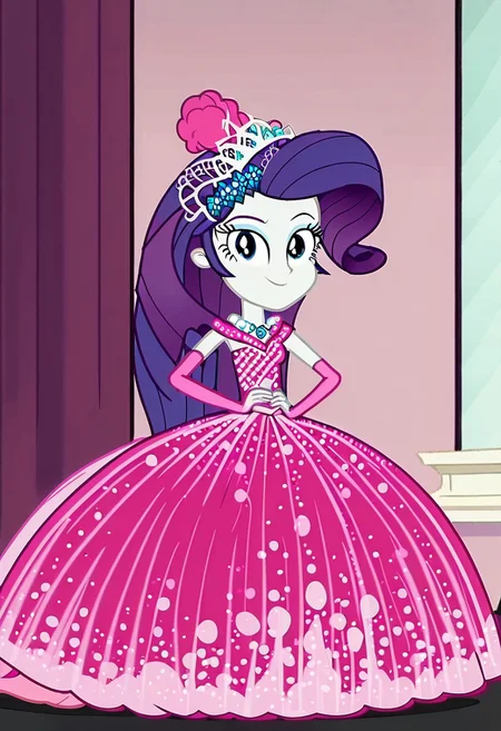 1girl, solo, Rarity, equestria girls, Black long-neck sweater, pink dress, very long large straight tulle pink ball gown hoop skirt, ball gown hoop skirt, pink dress, hoopdress, my big princess gypsy wedding dress, ballgown, a girl in a pink dress posing for a picture, wearing long elbow length pink fingerless hook bridal gloves, pink ballgown, cyan pearl necklace. CrinolineDress, USE FACEFIX, looking at viewer, closed mouth, hands on hips