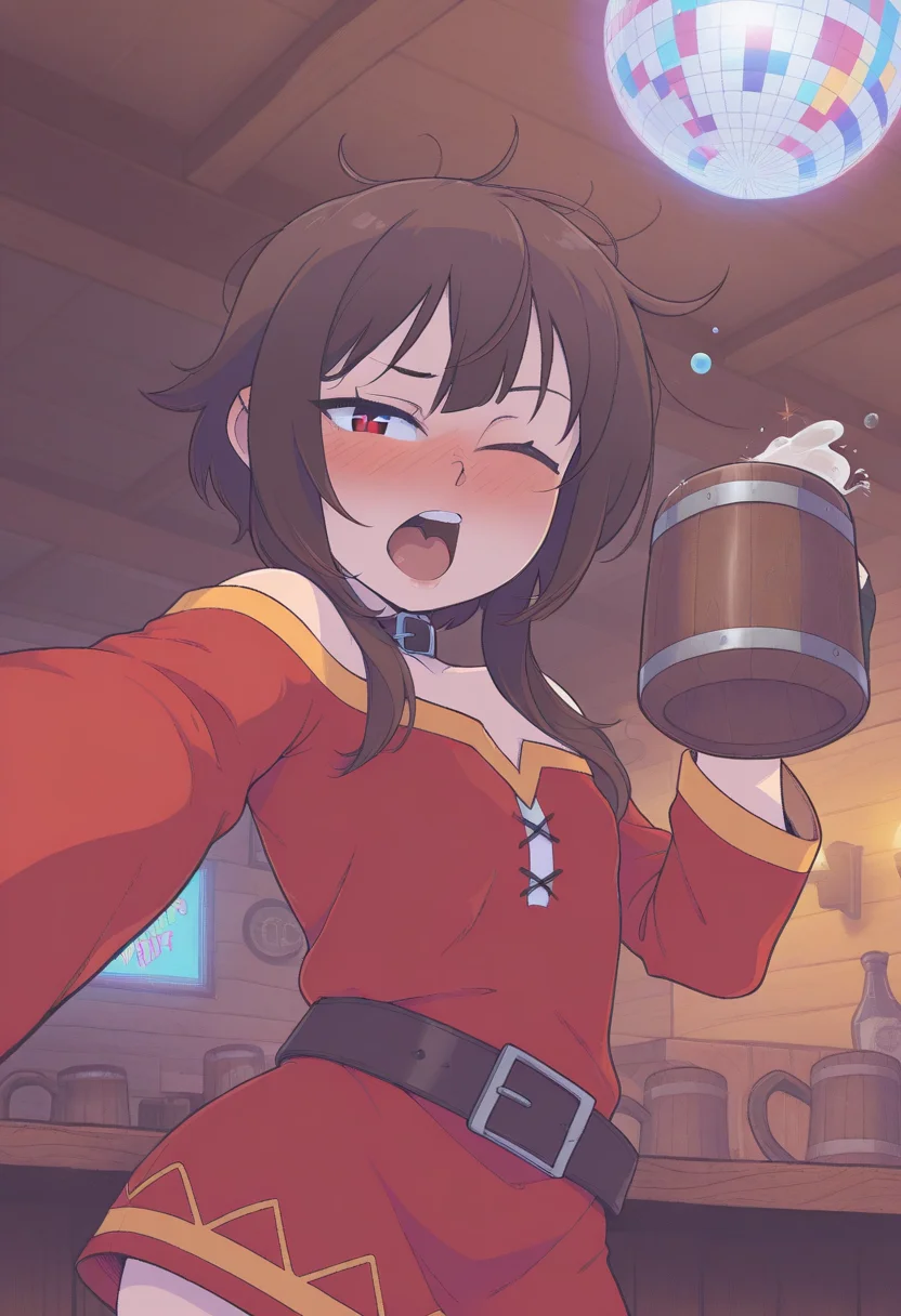 c4yf311style, masterpiece, best quality, solo, megumin, neon party lights, tavern, disco ball, pov from below selfie, one eye half closed, holding tankard, drunk, hat, messy hair, burp,
