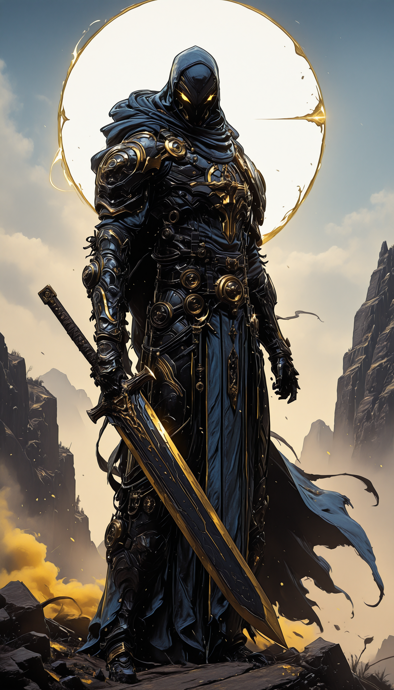 holding weapon, fighting stance, holding  buster sword,huge weapon,, WCG-Illu,, kaarea masterpiece, best quality, high quality, ultra-detailed, realistic,  traditional media, vivid_color, high contrast, speed lines, move_effects, action Create a detailed digital artwork of a menacing, armored figure standing atop a rocky terrain. The figure is clad in dark, metallic armor with gold accents, and wields a long, ornate sword with a golden hilt. The armor is intricately designed with sharp, angular features, and the figure's face is obscured by a hood, adding to the enigmatic aura. The background features a dramatic sky with hues of orange and gray, suggesting either dawn or dusk. The overall style should reflect dark fantasy or gothic themes, with a focus on creating a sense of foreboding and mystery. solo, 1boy, holding, standing, full_body, yellow_eyes, weapon, horns, sword, holding_weapon, cape, armor, no_humans, glowing, holding_sword, helmet, gauntlets, glowing_eyes, fantasy, full_armor,    holding weapon, fighting stance, holding  buster sword,huge weapon,, WCG-Illu,, kaarea