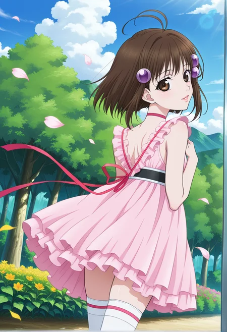 light smile, parted lips, hand on chest, from behind, looking back, flower petals,
cowboy shot, dynamic angle,
BREAK,
<lora:reala_illustriousXL_v01:0.95>
realadef, brown hair, hair ornament, brown eyes, ahoge, short hair,
choker, pink dress, frills, ribbon,
white thigh highs,, source_anime, very aesthetic, anime coloring, masterpiece,
best quality, amazing quality, ultra detailed, very aesthetic,
detailed background,
BREAK,, forest, flowers, clouds, day, floating leaves,
