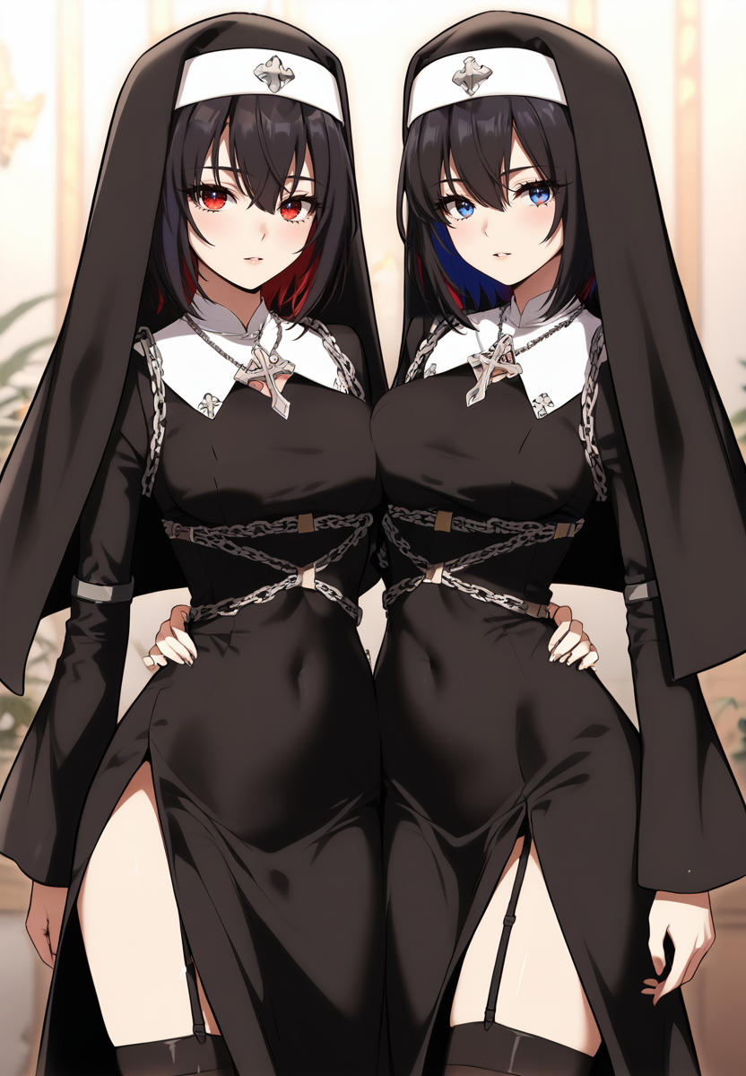 zPDXL3, score_9_up, score_8_up, score_7_up, (Anime_source),Masterpiece,(perfect female body:1.2), small waist, (incredibly detailed:1.4), slim, beautiful fingers, beautiful white skin, Beautiful clear skin, (large breasts:1.4)  thighs, looking at viewer, seiza, big breasts, ass, perfect ass,  <lora:Hwaran-I_Killed_the_Player_of_the_Academy-Kaleid-PONY:0.9> (hwa, nun, short hair, black hair, red eyes, bangs, hair between eyes, multicolored hair, colored inner hair, red hair) (ran, short hair, black hair, blue eyes, hair between eyes, multicolored hair, colored inner hair, blue hair) habit, chain, dress, black dess, cross, garter straps, thighhighs, necklace, long sleeves, covered navel, asymmetrical docking, 2girl