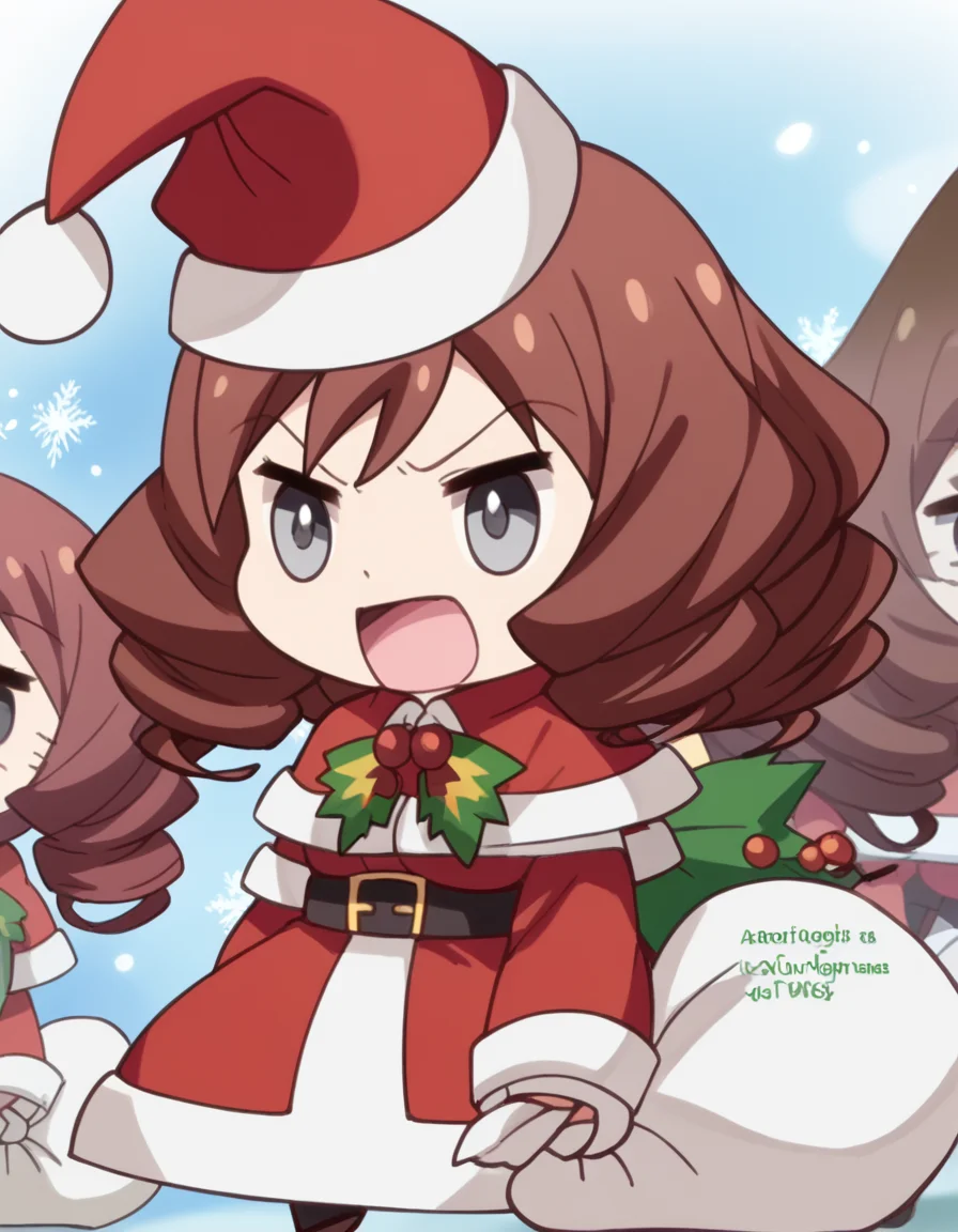 score_9, score_8_up, score_7_up, source_anime, <lora:kazuko-hosogawa-s1-ponyxl-lora-nochekaiser:1>, kazuko hosogawa, brown hair, grey eyes, drill hair, medium breasts, anime screencap, <lora:padoru-ponyxl-lora-nochekaiser:1>, padoru, padoru (meme), holding sack, sack, santa hat, meme, christmas, open mouth, chibi, red capelet, santa dress, capelet, fur-trimmed headwear,, , dutch angle, cowboy shot