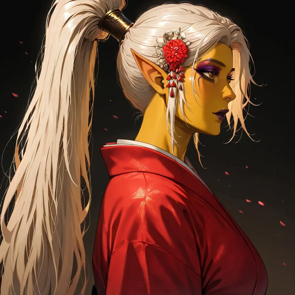 masterpiece, best quality, newest, absurdres, highres, easynegative, MFMOV1.0, mature female,
1girl, asian, asian female, elf, elf girl, pointy ears, long hair, yellow skin, blonde hair, golden colored skin, ponytail long ponytail, high taied ponytail, makeup, mascara, brown eyes, golden eyes,
kimono, red kimono, japanese clothes, hair ornament,