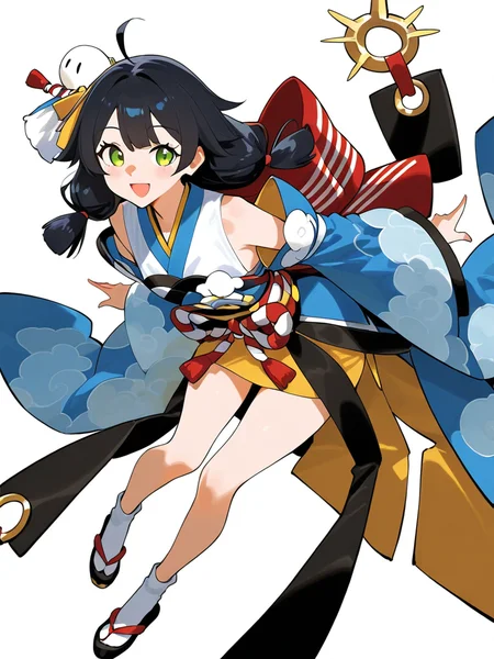 1girl,ahoge,closed mouth,detached sleeves,full body,japanese clothes,kimono,looking at viewer,obi,open mouth,rihefang,smile,solo,white background,,<lora:rihefang-000018:1>, masterpiece, best quality, very aesthetic, absurdres