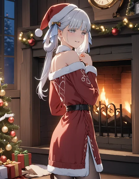 masterpiece, best quality, 8K, very aesthetic, UHD, volumetric lighting, natural lighting, highly detailed, intricate details, 1girl, home clothes, red wool sweater, tights, wool socks, christmas hat, bare shoulders, twintails, white eyelashes, white hair, white eyes, shy, embarrassed, smiling, lifelike female body, perfect female body shape, narrow waist, side view, standing, dim light, christmas decorations, fireplace, night, cozy wooden house, <lora:Jinhsi_V1.11:0.7>
