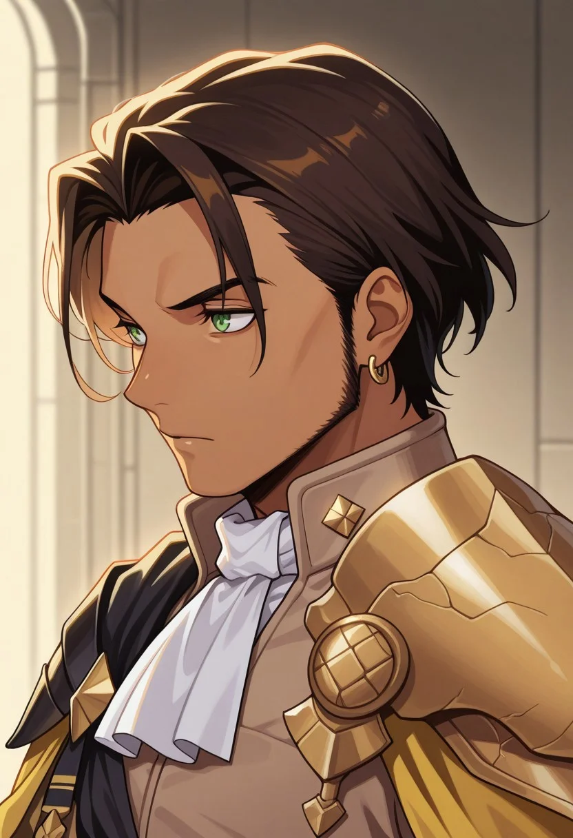 masterpiece,best quality,amazing quality, source_anime,
ClaudeVonRiegan, 1boy, male focus, solo, green eyes, brown hair, dark-skinned male, jewelry, earrings, aged up, facial hair, ascot, white ascot, single shoulder armor, cape, yellow cape, jacket, brown jacket, portrait,
