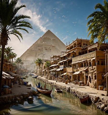 RAW photo, (masterpiece:1.3), subsurface scattering, heavy shadow, (high quality:1.4), (intricate, high detail:1.2), professional photography, HDR, High Dynamic Range, realistic, ultra realistic, photorealistic, high resolution, film photography, ambient lighting, atmospheric effects, <lora:detail_slider_v4:2>, OverallDetail, a small town in ancient Egypt, by a river with a boat in the water and palm trees in the foreground and a building with a tower, Stygia, <lora:Stygia-10:1>, epiCPhoto