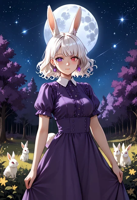 score_9, score_8_up, score_7_up,
1girl, Albinism, albino girl, bunny ears, animal ears, skinny, medium breasts, white tail, bunny tail, medium hair, wavy hair, white hair, heterochromia, red and purple eyes, rabbit eyes,
purple clothes, closed clothes, cute dress, puffy dress, ruffles, short sleeves, long dress, purple earrings,
detailed background, dark theme, dark, low light,
wood, trees, moon, stars, shooting stars,
cowboy shot, looking at viewer,