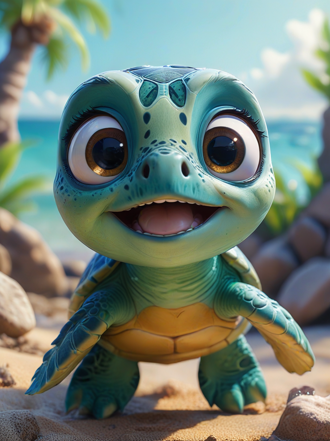 cute little blue-green cartoon sea ââturtle, big round Kind eyes, big head, neck, four flippers,     <lora:Cute_3D_Cartoon:0.8>