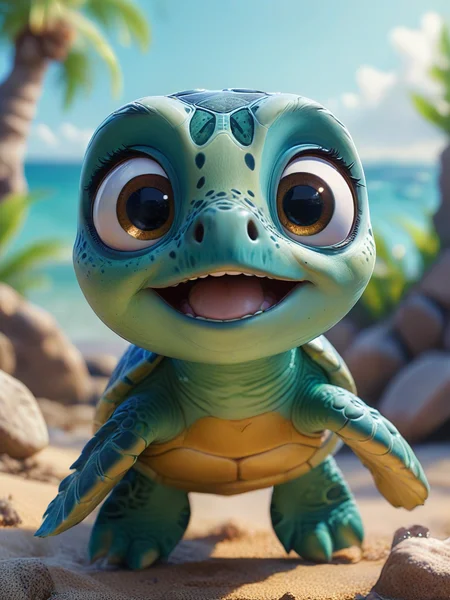 cute little blue-green cartoon sea ââturtle, big round Kind eyes, big head, neck, four flippers, <lora:Cute_3D_Cartoon:0.8>