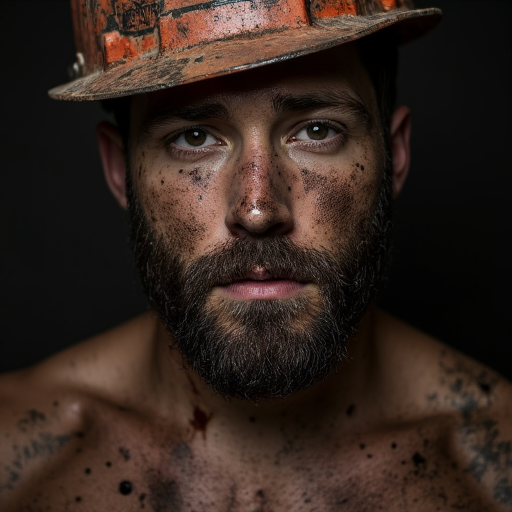 and his skin is covered in dirt and sweat, showcasing a dramatic, Dirty man. This is a photograph of a young man with a rugged, intense expression. He has a strong, giving him a gritty, likely a construction worker or miner, arms, dark beard that frames his face., suggesting he has been in a muddy or damp environment. His skin is smeared with dirt