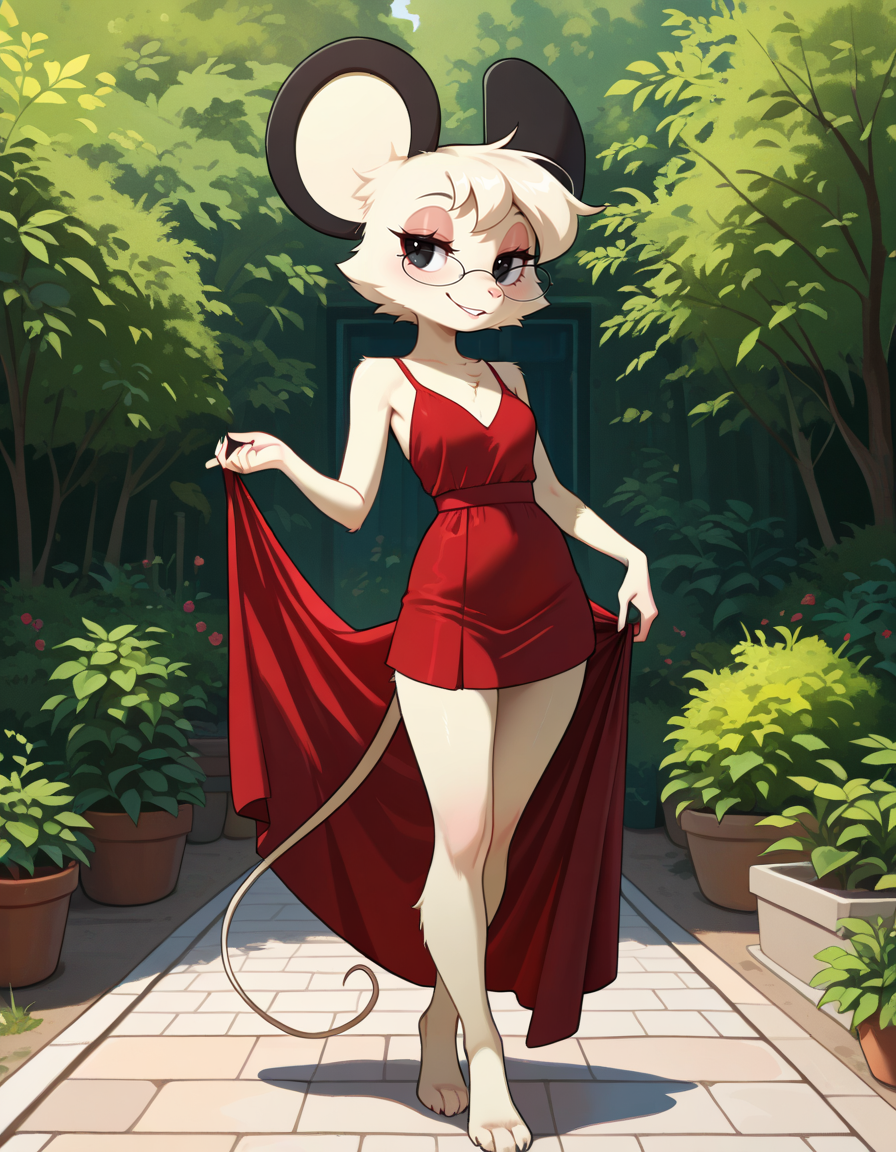 masterpiece, best quality, very aesthetic, absurdres,
outdoors,
full body, standing, posing, 
 seductive smile, parted lips, long eyelashes,
 <lora:Tamy_v01_NAIXL:1>
T4my,1girl,solo,furry,furry female,mouse girl,short hair,mouse ears,black eyes,glasses,animal nose,body fur,white fur,mouse tail,
