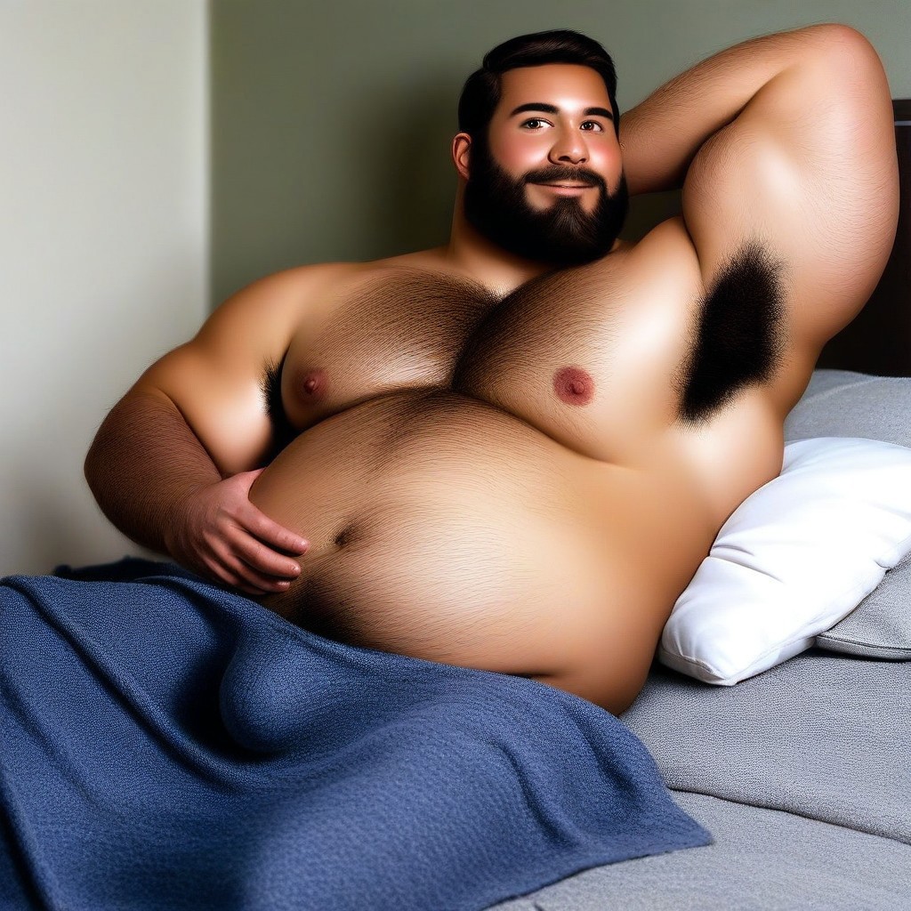 Solo, male, shirt less, long beard, short hair, lots of body hair, chest hair,  arm hair, beer gut, semi fat, over weight, public hair, arm behind head, arm to the side, photo realism, hi resolution, indoors, lying on bed, blanket, pillows , soft lights, penis bulge, crossed legs, brown eyes, smile, super detailed, hyper realism, armpit hair