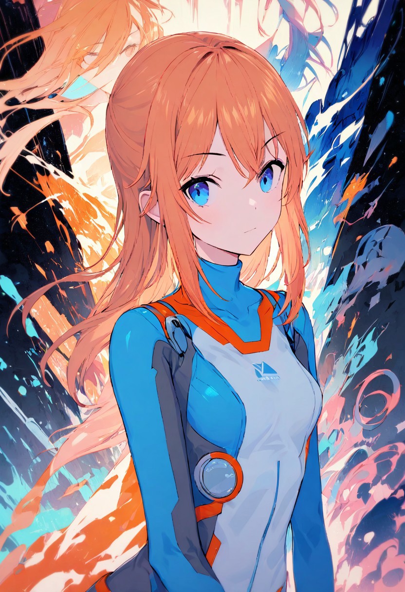 masterpiece, a portrait of a zero suit samus, molly, bright colors,The color palette includes shades of blue, orange, and pink, creating a visually appealing contrast. The overall aesthetic is futuristic and whimsical, with a sense of adventure and fantasy.