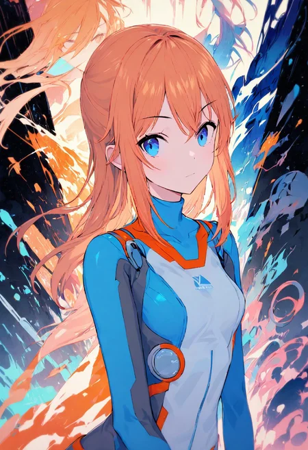 masterpiece, a portrait of a zero suit samus, molly, bright colors,The color palette includes shades of blue, orange, and pink, creating a visually appealing contrast. The overall aesthetic is futuristic and whimsical, with a sense of adventure and fantasy.