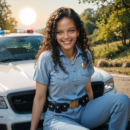 PonyScores6, masterpiece, full body image, 1girl (PR, Latina, black hair, curly wavy hair, tan skin, fit body, medium breasts), sexy female police officer, sitting on hood of police car, sexy, looking at viewer, smiling, small gold earrings, gold necklace, sexy pose, outdoors, sun shining, detailed background, <lora:PR_Pony_epoch_8:1>