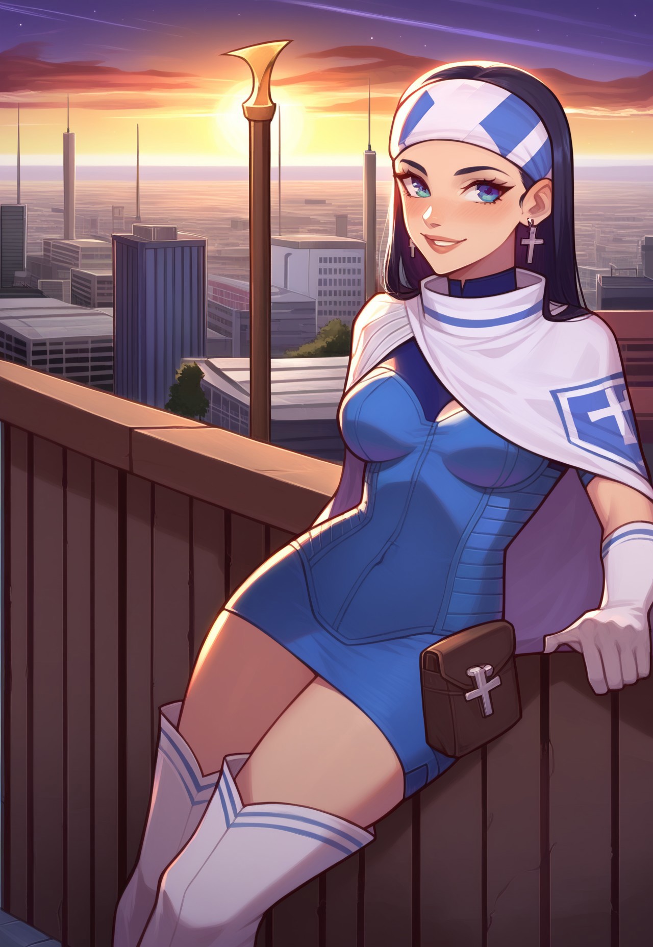 safe_pos, score_9, score_8_up, score_7_up, masterpiece, absurdres, source_anime, ng_deepnegative_v1_75t,  detailed, (perfect anatomy:1.1), perfect body, (perfect hands:1.2), fullbody shot, night, rooftop, railing, city lights
BREAK 
bethsmtii, long hair, black hair, (headband, cross symbol), blue bodysuit, blue skirt, cape, elbow gloves, thigh boots, cross earrings, leaning back against the railing, curve back, looking to the viewer, smile, curvy:0.9, hands reaching the viewer