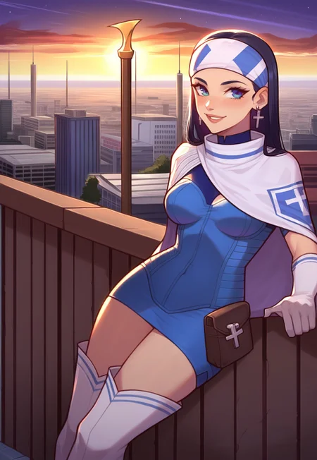 safe_pos, score_9, score_8_up, score_7_up, masterpiece, absurdres, source_anime, ng_deepnegative_v1_75t, detailed, (perfect anatomy:1.1), perfect body, (perfect hands:1.2), fullbody shot, night, rooftop, railing, city lights
BREAK
bethsmtii, long hair, black hair, (headband, cross symbol), blue bodysuit, blue skirt, cape, elbow gloves, thigh boots, cross earrings, leaning back against the railing, curve back, looking to the viewer, smile, curvy:0.9, hands reaching the viewer