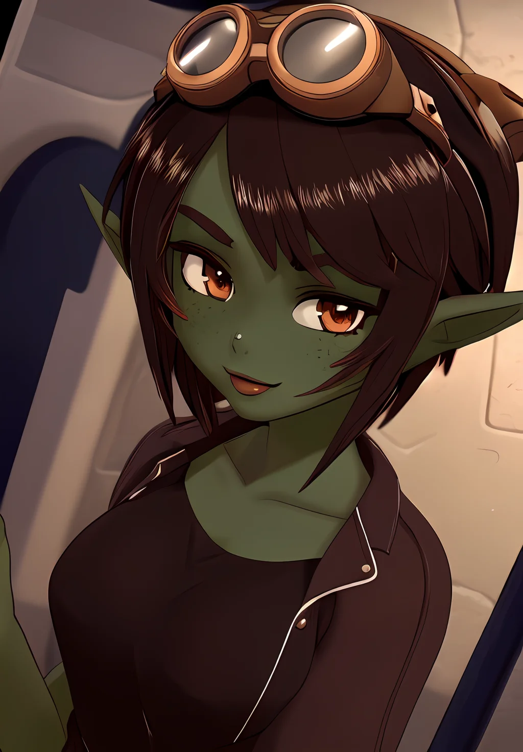 <lora:lyx:0.8>, lyx, 1girl, solo, mechanic pants, goggles on head, portrait,, (seductive, alluring, charming:1.3), (highly detailed, high quality:1.3)